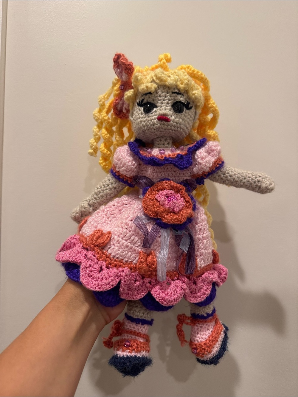 Handmade Crocheted Doll - Pink, Purple & Yellow Dress